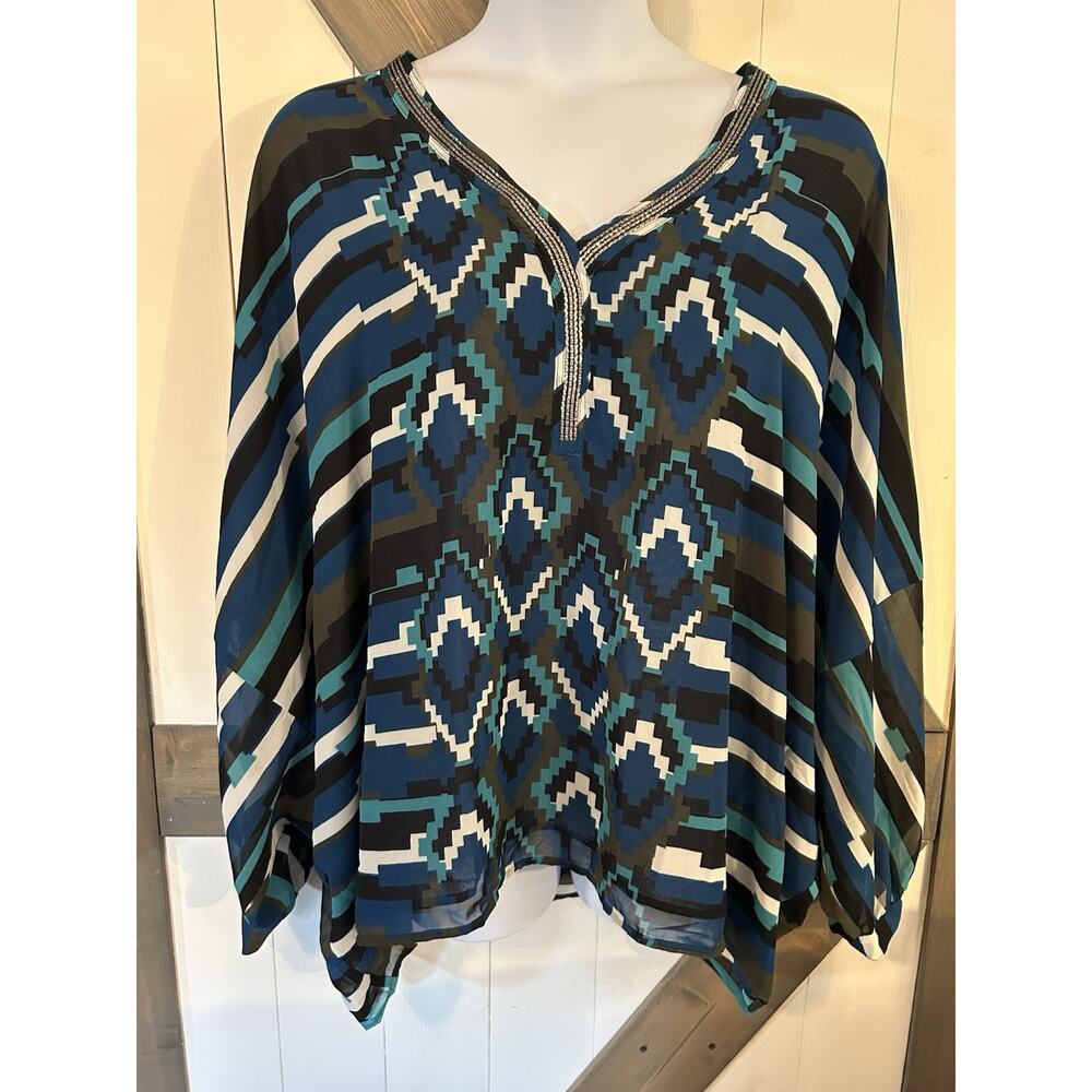 Lane Bryant Blue Black Geometric Silver Beaded V-Neck Sheer Tunic Blouse 26/28